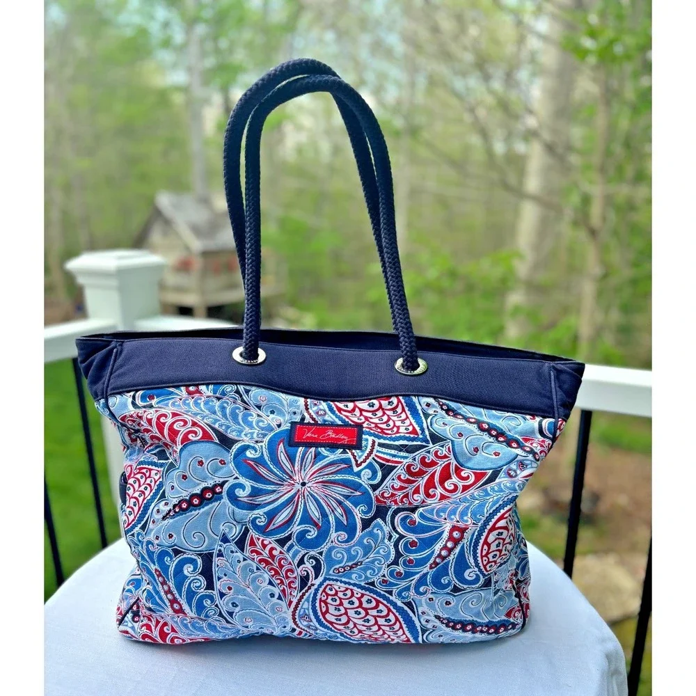 Vera Bradley Nautical Seaside Miller Tote Capri Blue Paisley Large Quilted EUC